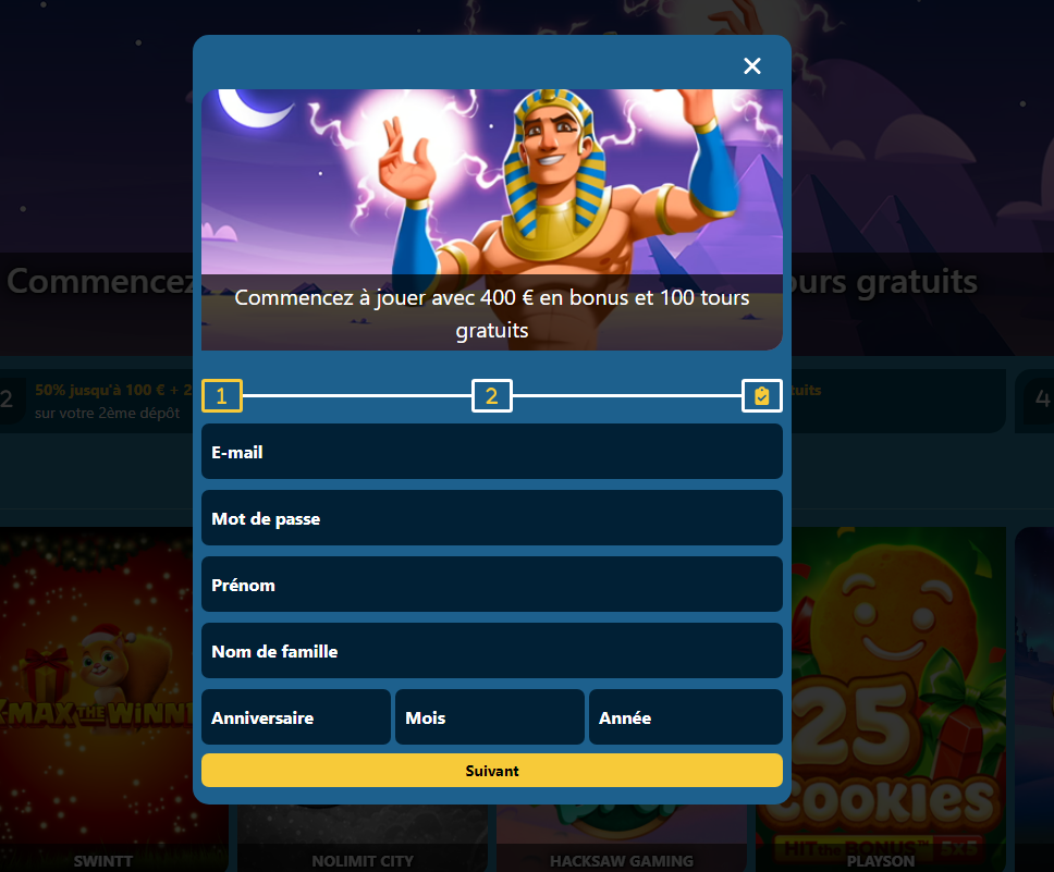 formulaire d'inscription sur le site Amon Casino